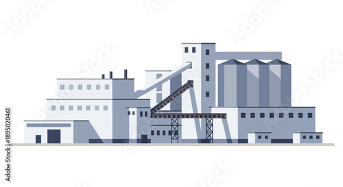 Industrial facility with silos and conveyor belt, viewed from the side in a modern industrial setting