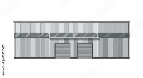 Industrial Building Facade with Gray Panels and Double Doors in a Simple Illustration Style from a Straight-On Viewpoint