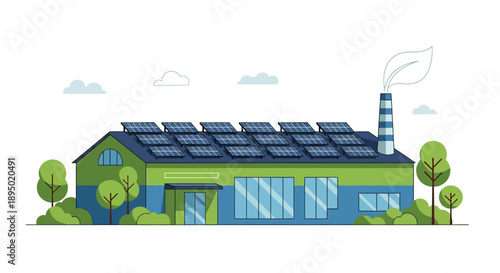 Sustainable factory building with solar panels on roof viewed from side on a cloudy day