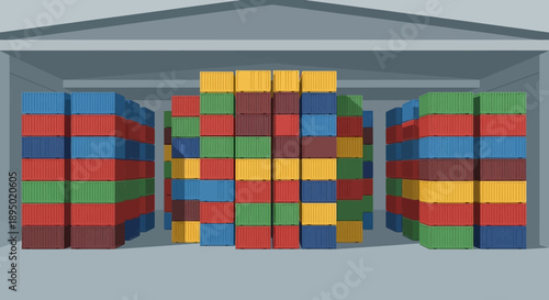 Warehouse storage facility with stacks of colorful boxes viewed from the front