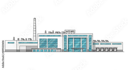 Industrial building with blue windows and smokestack viewed from the front
