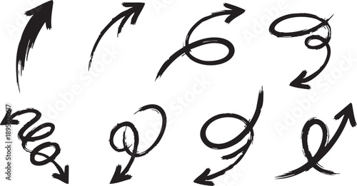 Collection of hand-drawn black arrows with various shapes and directions, sketched with a brush-like texture on a white background.