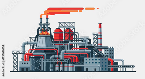 Industrial facility with pipes and machinery emitting smoke from chimneys, viewed from the side in a detailed illustration