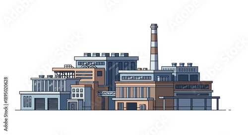 Industrial complex with factory buildings and smokestack viewed from the front in a detailed illustration