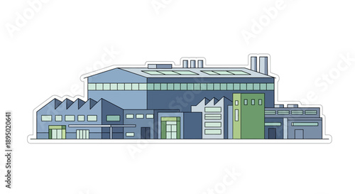 Illustration of industrial complex viewed from outside, showcasing various buildings, architecture, and industrial equipment from a frontal perspective.