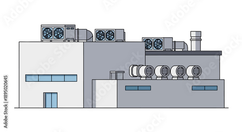 Industrial facility with machinery and equipment on rooftop viewed from side elevation