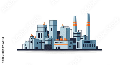 Industrial complex with multiple buildings and smokestacks viewed from the side in a flat illustration style