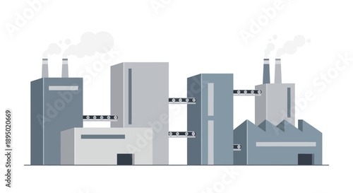 Industrial landscape with factories and smokestacks emitting smoke from various buildings in a manufacturing complex viewed from the side