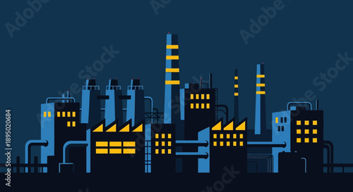 Industrial landscape illustration of a factory at dusk with glowing windows and smokestacks viewed from a distance