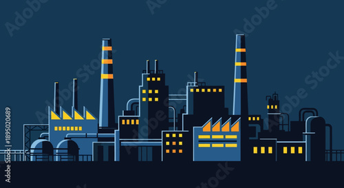 Industrial complex illustration at dusk with factories and smokestacks emitting flames and smoke