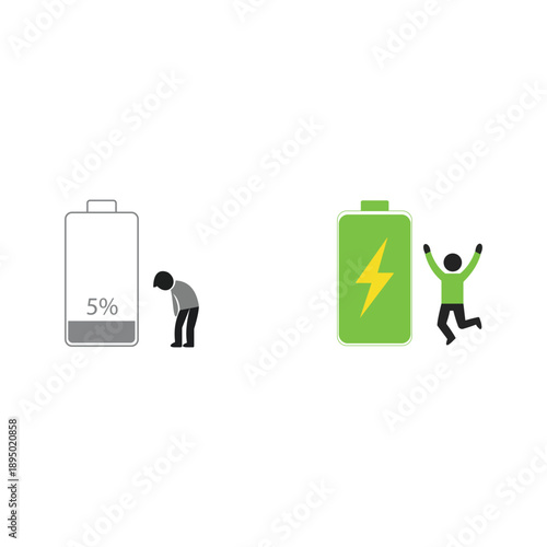 Stick figures illustrate the concept of low energy and high energy states next to battery level indicators.