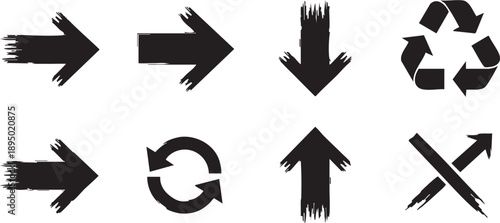 Grunge style arrow icons set including right, down, up, refresh, recycle, and cross arrows with distressed textures.