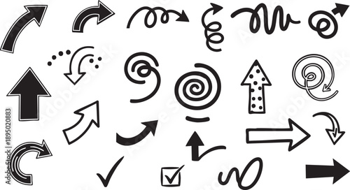 A diverse collection of black arrows and checkmarks in various styles and directions, including hand-drawn, solid, and outlined designs.