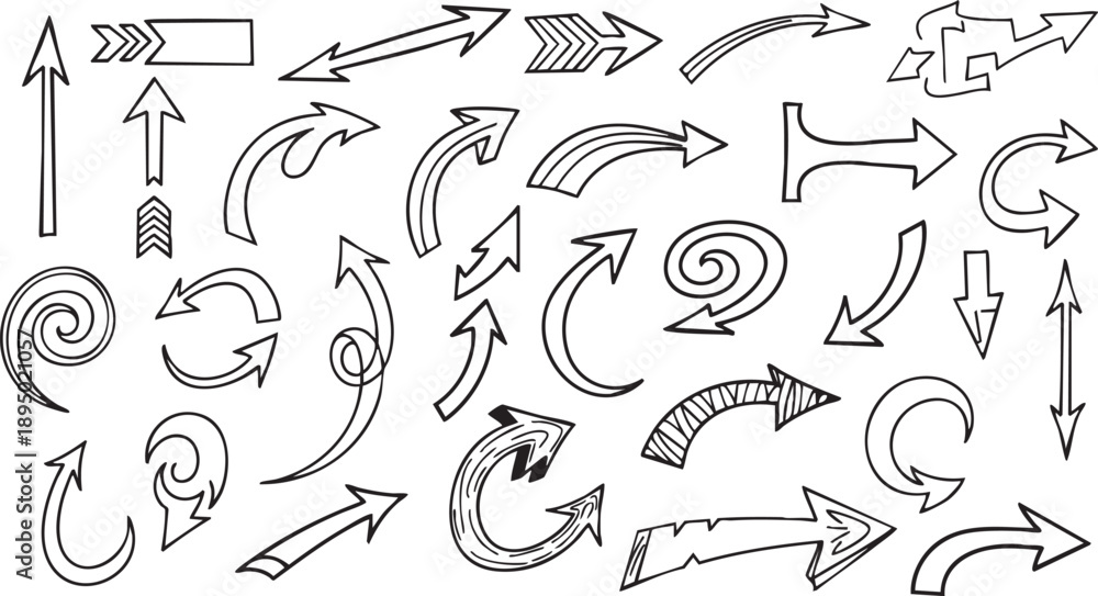 Fototapeta premium Collection of various hand-drawn doodle arrows pointing in different directions and styles.