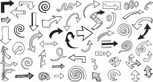 A large collection of hand-drawn arrows and spiral shapes in various styles and directions, sketched on a white background.