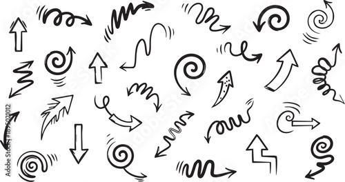 A collection of hand-drawn black arrows in various styles and directions, illustrating movement and pointers for graphic design