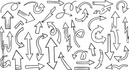 A large collection of hand-drawn doodle arrows pointing in various directions and styles, illustrating movement and guidance.