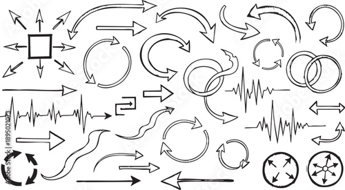 A large collection of hand-drawn doodle arrows and various directional symbols in black and white.