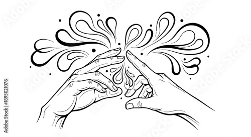 Illustration of two hands touching with decorative swirls.