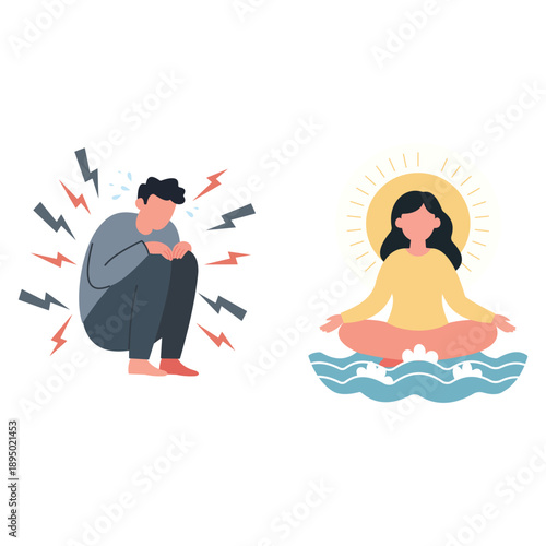 A distressed man crouches amidst chaotic energy bolts symbolizing anxiety while a calm woman meditates peacefully upon water under a bright sun.