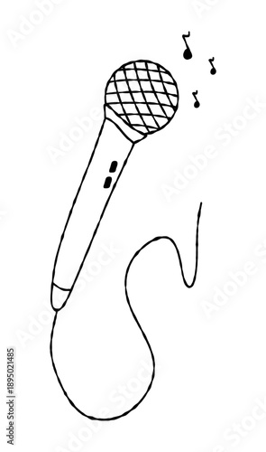 Doodle style microphone. Music notes and a microphone, hand-drawn line drawing.