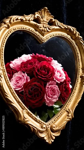 Heart Shaped Mirror with Bouquet of Roses.