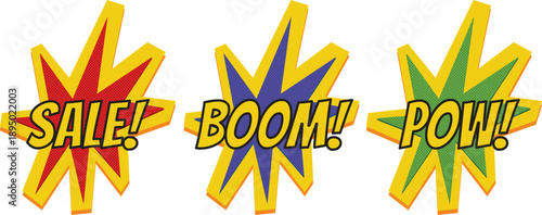 Retro comic speech bubbles set with halftone texture. Red Sale, blue Boom, green Pow 3D explosion shapes. Pop art vector illustration stickers.