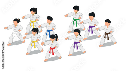 Group of young karate students practicing martial arts in isometric style