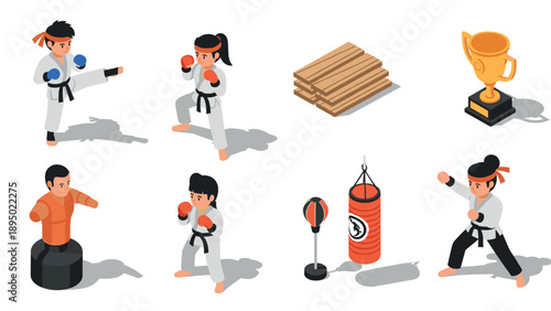 Isometric karate elements: characters, gear, trophies, and training equipment