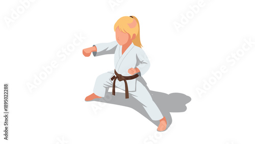 Young girl practicing karate in white gi with brown belt isometric style