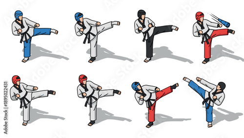 Martial arts fighters in dynamic kicking poses with protective gear