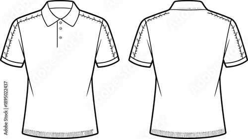 Front and back view polo shirt technical drawing, apparel fashion flat sketch, short sleeve collared t-shirt design template for clothing manufacturing illustration
