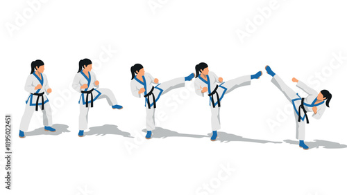 Isometric karate sequence: female athlete in motion with kicks and punches