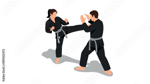 Martial arts training: male and female practicing karate in dynamic pose