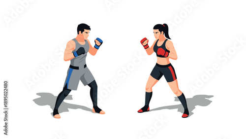 Isometric martial arts fighters in boxing stance against white background