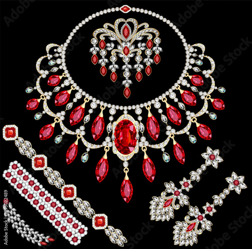 Illustration set of jewelry necklace earrings and brooch with precious stones