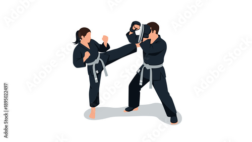 Martial arts training with two people sparring in karate uniform
