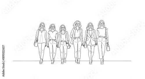 Group of six women standing together in a line illustration.