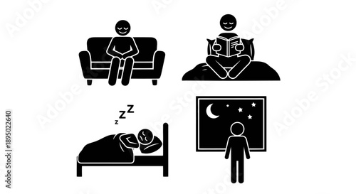 Four stick figure icons representing daily activities and rest.