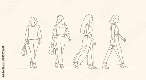 Four women in line art style walking and standing.