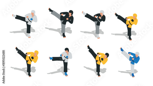 Isometric martial arts athletes in various karate poses