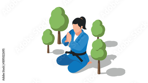 Isometric martial artist meditating outdoors surrounded by trees