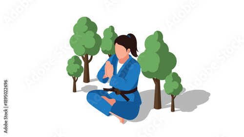 Martial artist meditating among trees in nature scene
