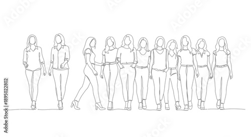 Group of diverse women standing together in a line illustration.