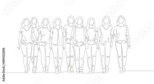 Group of diverse women standing together in a line illustration.