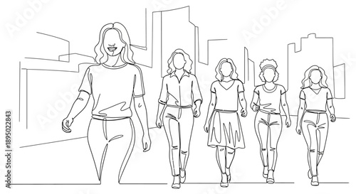 Group of diverse women walking together in a city street illustration.