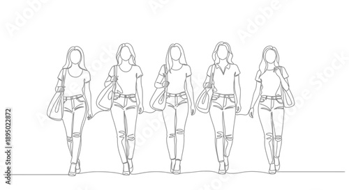 Group of five young women walking together holding handbags.