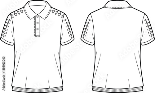 Front and back view polo shirt technical drawing vector illustration, short sleeve collar t shirt flat design template for apparel fashion production
