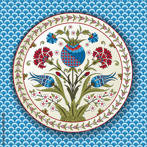 Round floral illustration with decorative border and seamless background. Iznik, Suzani style. Decorative plate. Central Asian, Turkish, Arabic art legacy. 