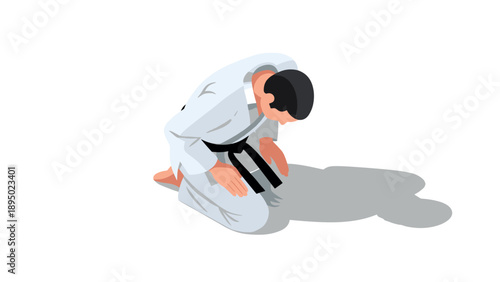 Isometric martial arts practitioner kneeling in white gi with black belt